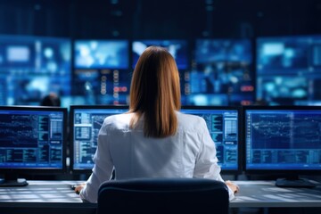 A person monitors multiple computer screens displaying data and analytics in a high-tech control room with a large video wall in the background.
