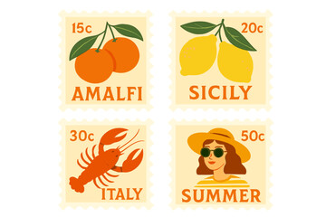 Postage stamps featuring Amalfi, Sicily, Italy summer vibes with oranges, lemons, lobsters, and a girl wearing sunglasses