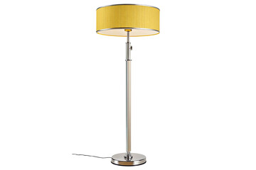 Modern yellow drum shade floor lamp with chrome accents isolated on transparent background