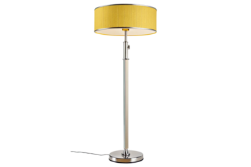 Modern yellow drum shade floor lamp with chrome accents isolated on transparent background