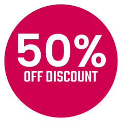 Red fifty 50% percent sale discount badge. Round shape half price discount red circle sticker on glasses showcase. isolated on white background.