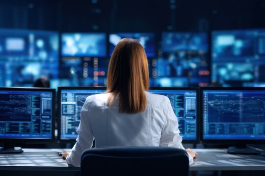 A person monitors multiple computer screens displaying data and analytics in a high-tech control room with a large video wall in the background. - Powered by Adobe