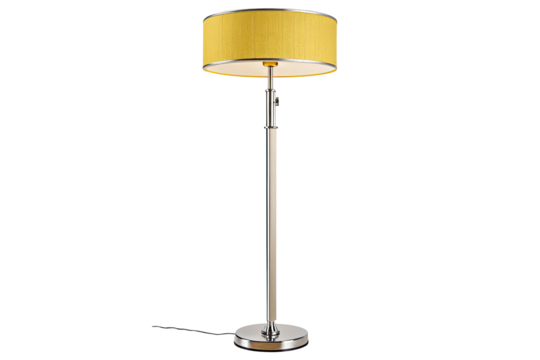 Modern yellow drum shade floor lamp with chrome accents isolated on transparent background