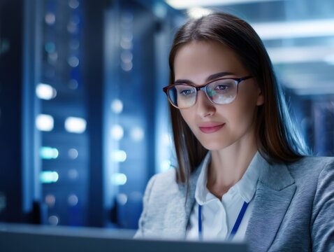 A focused woman with glasses works on a computer in a server room filled with glowing network equipment.