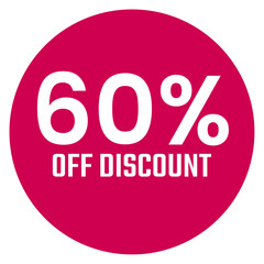 Red sixty 60% percent sale discount badge. Round shape red circle sticker on glasses showcase. isolated on white background.