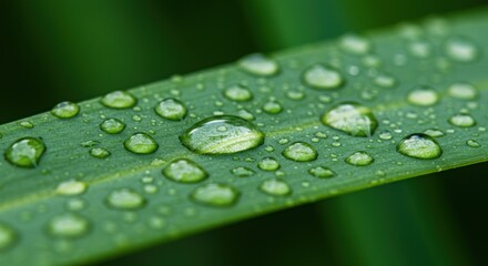 macro shot of glistening dew drops on a vibrant green leaf. perfect for nature, ecology, or freshness themes. high-resolution image for various uses.
