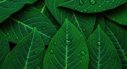 close-up of vibrant green leaves covered in glistening dew drops. perfect for nature-themed designs, eco-friendly branding, or botanical illustrations.