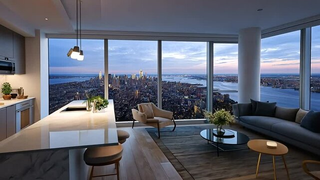 Luxury Apartment Interior with Panoramic City View at Dusk showing modern design elements and