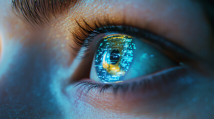 Naklejka premium Closeup of eyes reflecting virtual user interfaces, digital future lifestyle concept