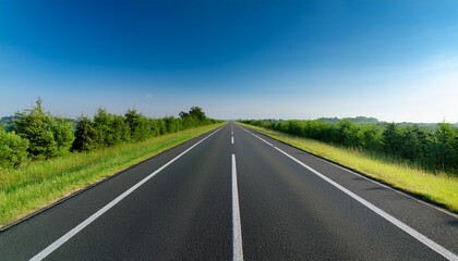 Naklejka premium the image shows a long straight road with a clear blue sky in the background the road is in the center of the image and is surrounded by greenery on both sides