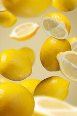 Lemons falling on a yellow background