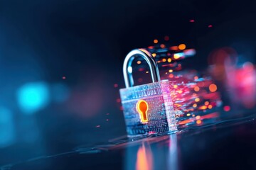 A glowing padlock with digital particle effects symbolizes cybersecurity and data protection in a high-tech environment.