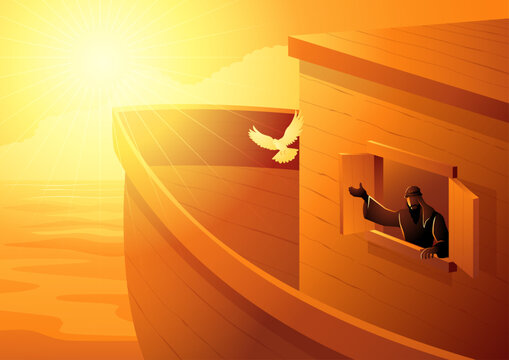 Biblical vector illustration of Noah releasing a dove from the Ark