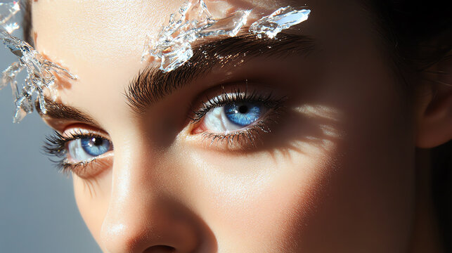 Closeup of model with glass shards embedded in eyebrows, highfashion dangerous elegance