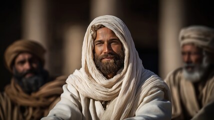 Young Jesus teaching in the temple &ndash; radiant child seated between priests on central dais, hand raised with wisdom as light pours through ancient columns and stone reliefs frame the scene.