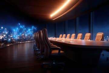 A modern conference room with leather chairs and a long table overlooking a city skyline illuminated with digital data graphics at night.