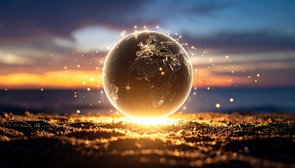 Illuminated Earth globe hovering above ground at sunset