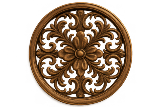Ornate wooden circular carving with intricate floral motif, showcasing delicate craftsmanship and providing refined aesthetic enhancement for interior design elements