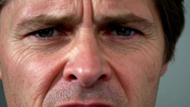 Man expressing emotional shift with furrowed brow and intensifying focus