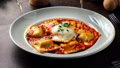 delicious cheese ravioli served with marinara sauce and melted mozzarella cheese at a cozy restaurant