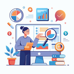 Person analyzing data with charts and graphs flat illustration