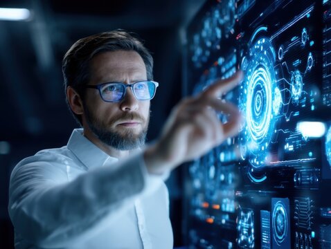 A focused man interacts with a futuristic digital interface displaying glowing data and holograms in a high-tech environment.