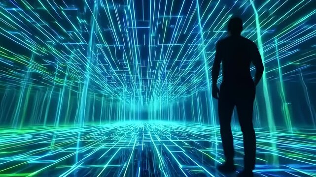 Futuristic silhouette walking through neonhued digital corridor with dynamic gridlines