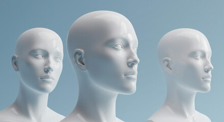 Three white mannequin heads displayed against a light blue background in a studio setting render