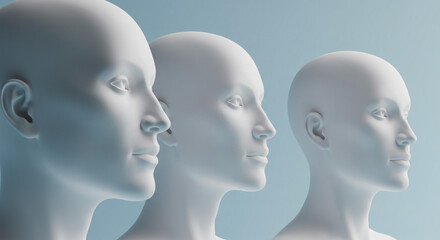 Three white mannequin heads in profile against a light blue background in a studio setting