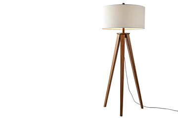 Modern wooden tripod floor lamp with white fabric shade isolated on transparent background