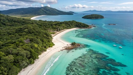 Fototapeta premium Aerial View of Tropical Beach with Colorful Umbrellas and Palm Trees