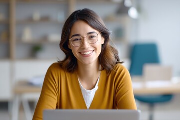 A young woman with glasses and a mustard sweater smiles warmly while working on a laptop in a modern, cozy office setting.