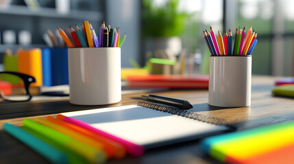 un escritorio con mesa de madera con contenedores con colores plumones o crayones con un cuaderno para dibujar y accesorios 
