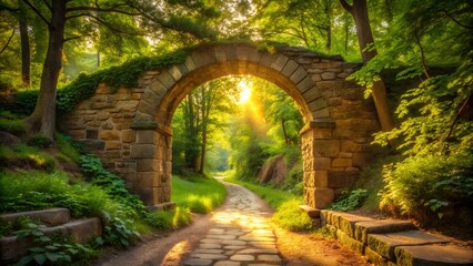 Sunbeams stream through an ancient stone archway in a lush green forest, illuminating a cobblestone path