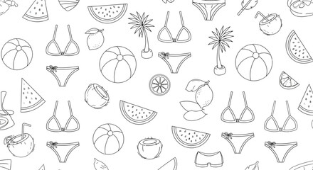 Summer themed seamless pattern with beach balls swimsuits fruits and coconut cocktails.