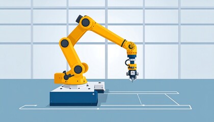 Industrial yellow robot arm in a clean room