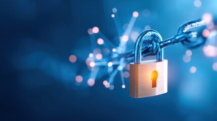 A metallic padlock secured on a chain with a digital network background symbolizing cybersecurity and data protection.