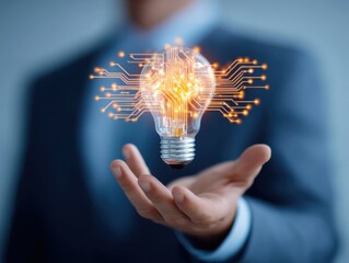 A glowing light bulb with digital circuit patterns floats above a businessman"s open hand, symbolizing innovation and technology.