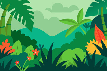 Vibrant tropical jungle landscape with lush greenery and colorful flowers