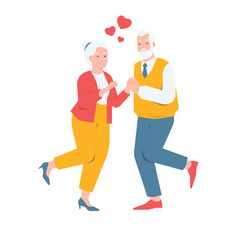 Happy elderly senior couple holding hands and dancing in love isolated on transparent background