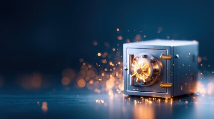 A secure safe with glowing locks emits sparks, symbolizing protection and security in a dark, blurred environment.