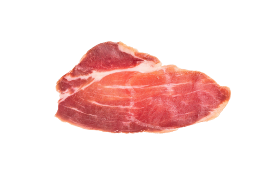 Slices of prsut, Balkan pork meat ham isolated on white background. top view