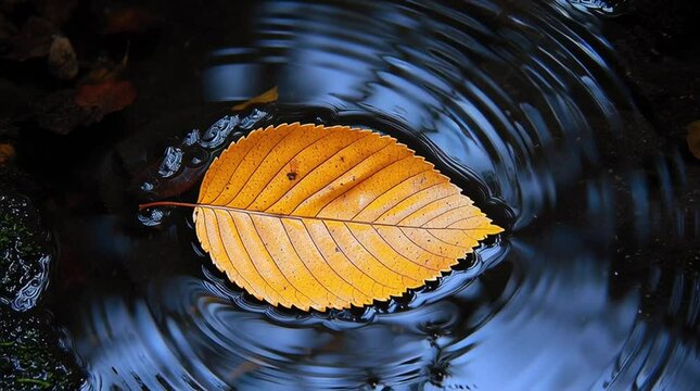 Vibrant orange leaf floating on tranquil water surface, creating ripples and reflections, showcasing the beauty of nature in a serene environment with calming colors and textures