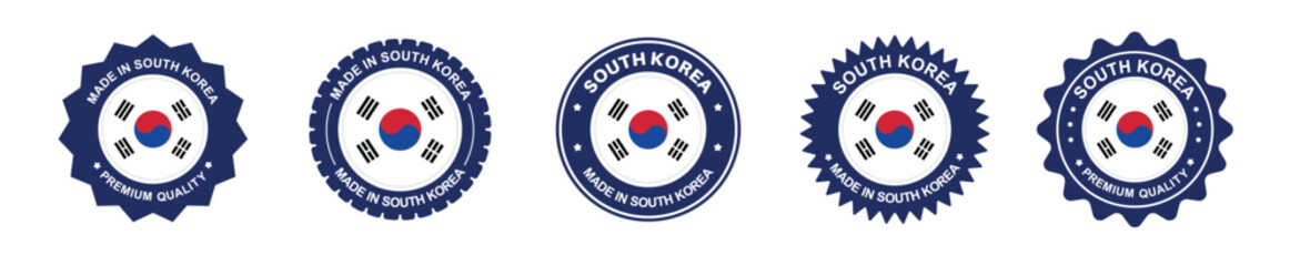 south korea product label set. south korea flag, premium made in south korea. Labels, seals, stamps, flags, icons