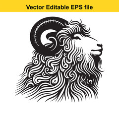 Swirling Ink Line Art of an Angora Goat – Curly Mohair and Detailed Beard Texture
