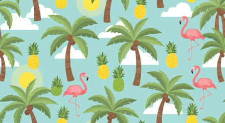 Tropical Pattern with Palm Trees Pineapples Pink Flamingos Sun and Clouds.