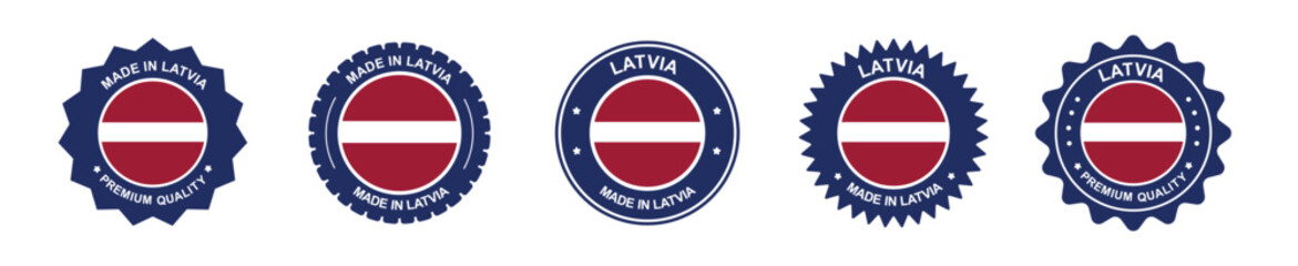 Fototapeta premium Latvia product labels set. latvia flag, premium made in latvia . Labels, seals, stamps, flags, icons