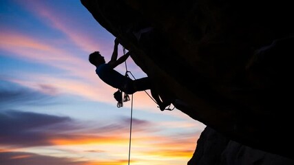 Silhouette of a man climbing on a rock at sunset, showing the adventure and the challenge, illustrating human strength and determination. - Powered by Adobe