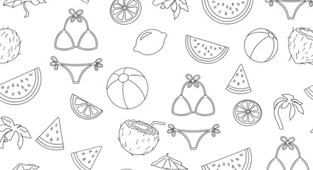 Summer themed seamless pattern with outlined beach balls fruits and swimwear.