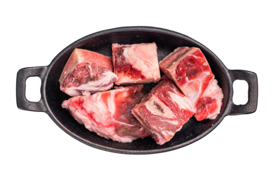 Raw chopped  lamb meat with bones, uncooked mutton isolated on white background. top view